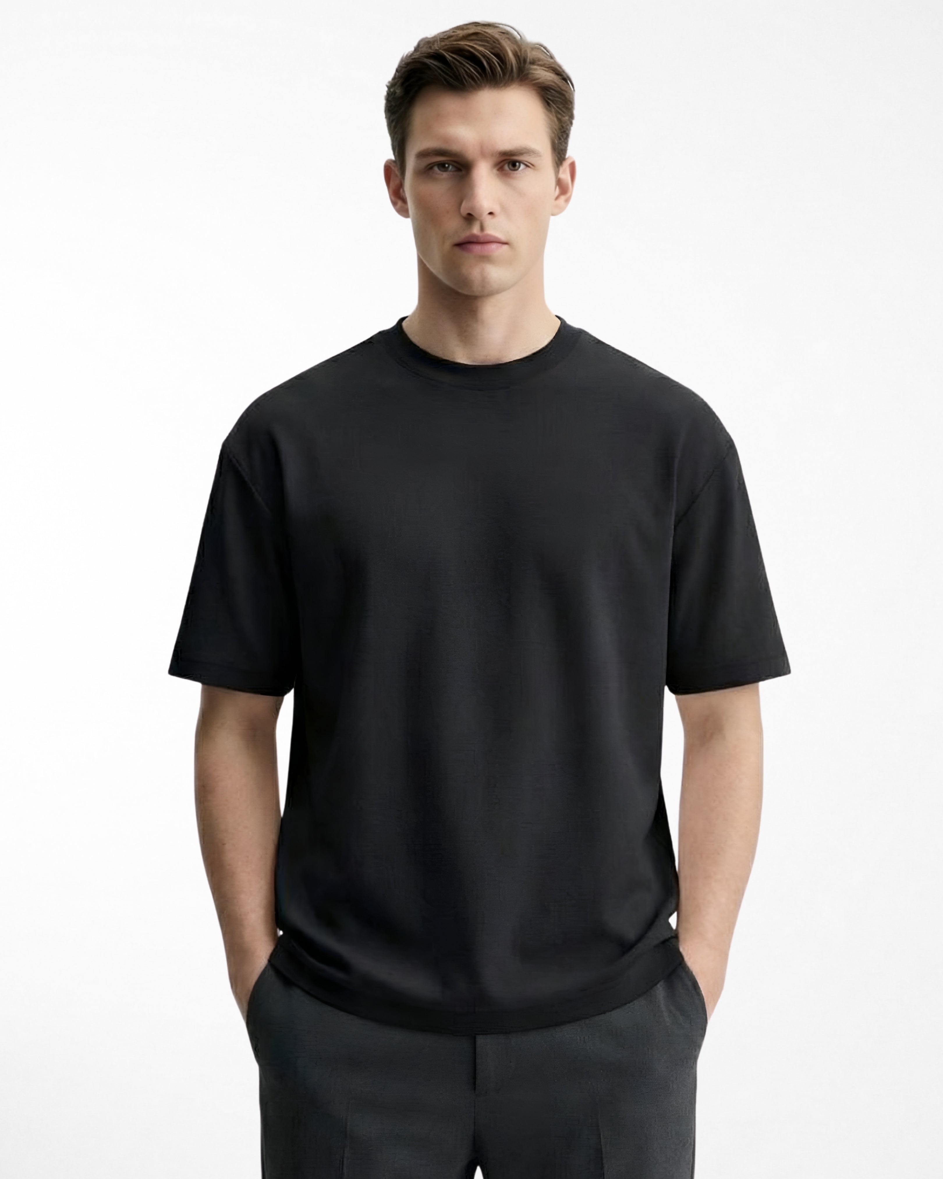man wearing relaxed fit black tshirt