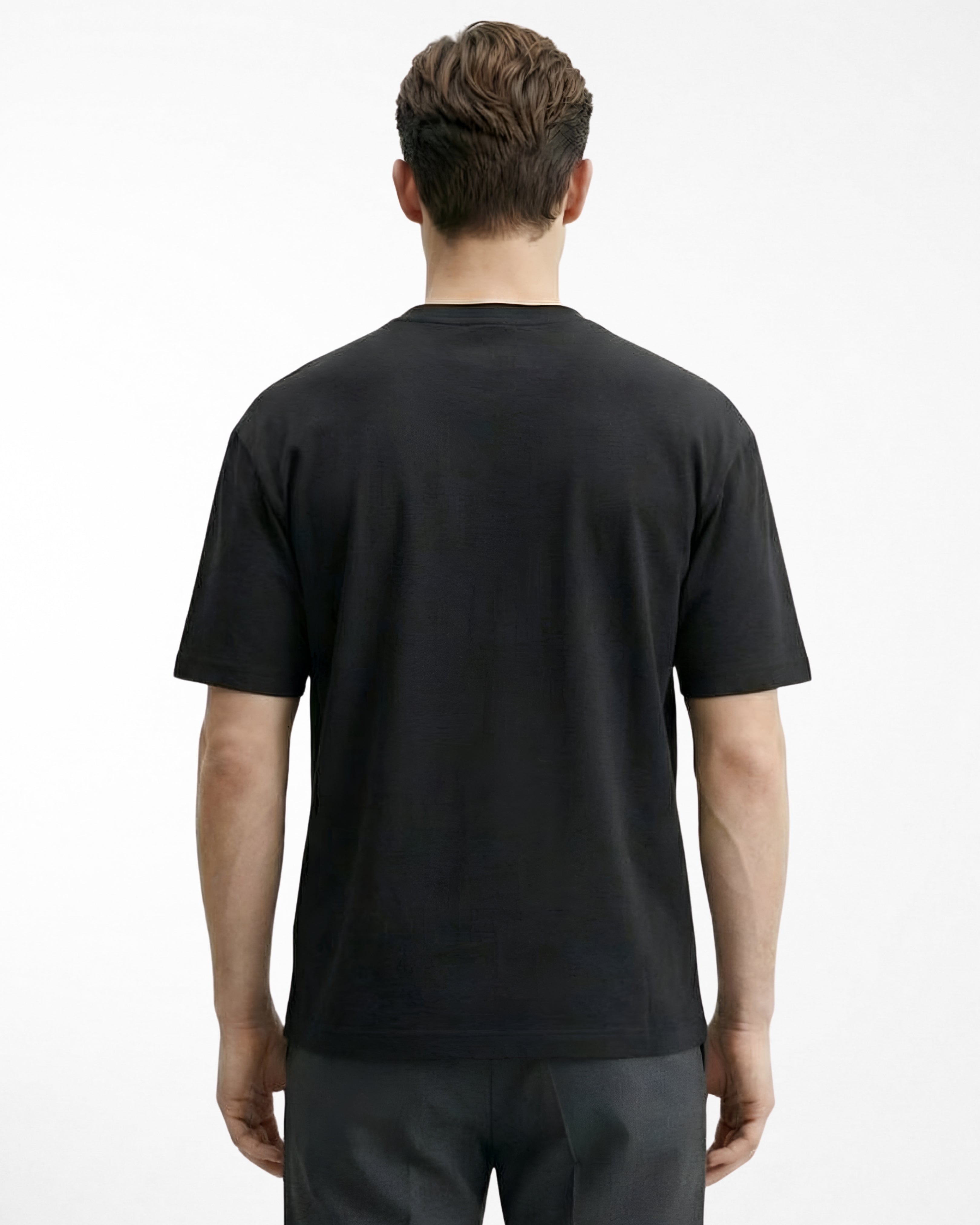 man wearing relaxed fit black tshirt