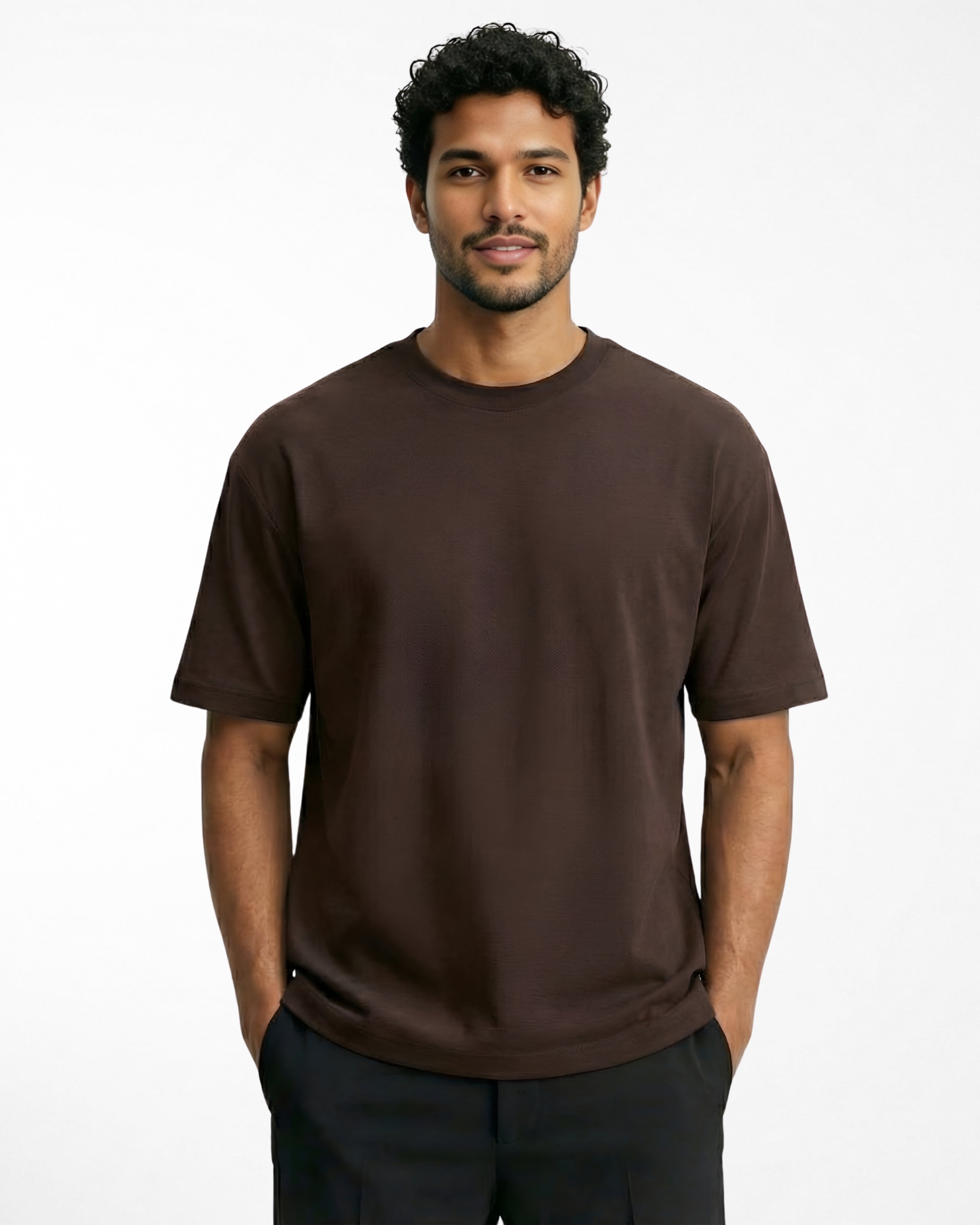 man wearing relaxed fit brown tshirt