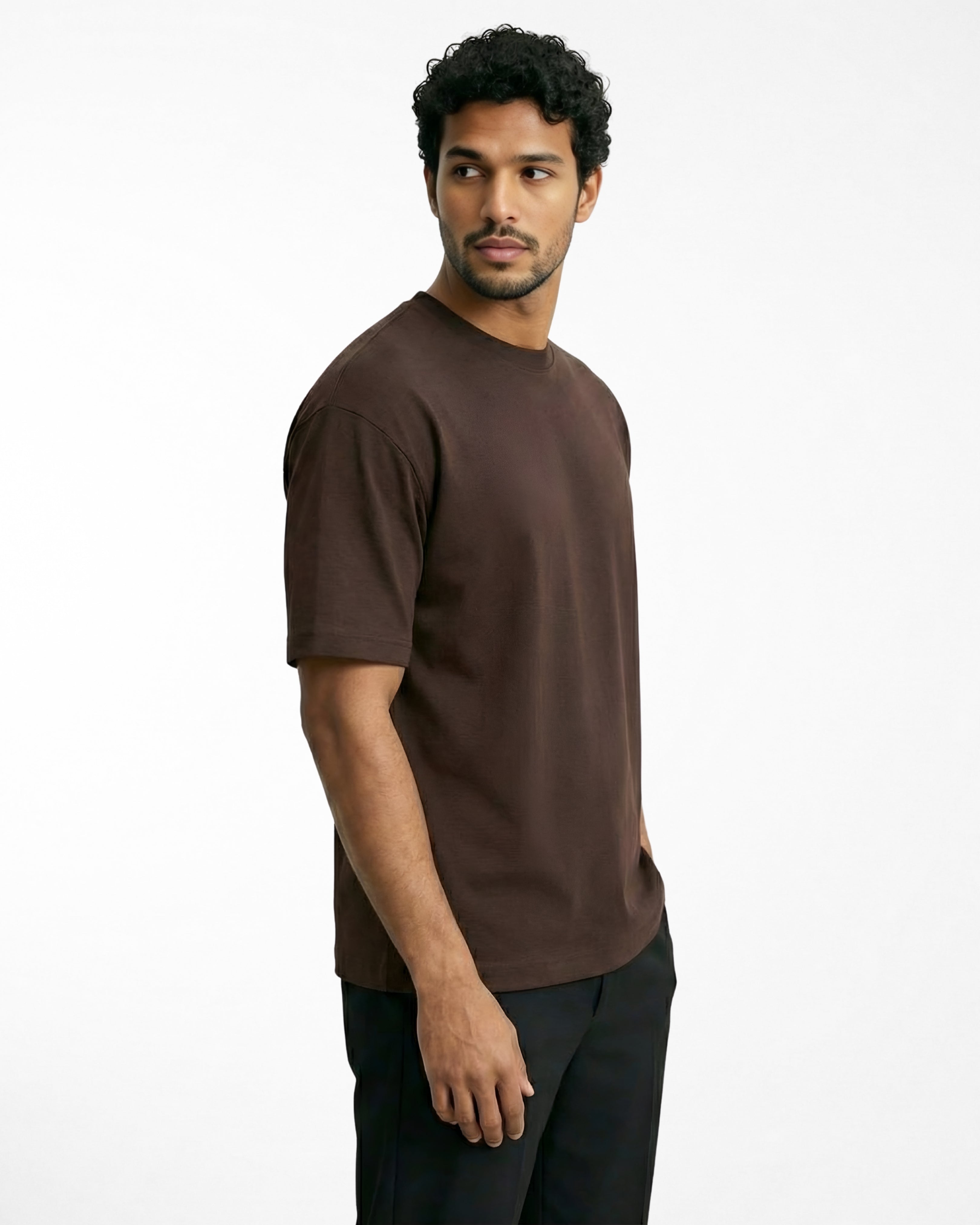 man wearing relaxed fit brown tshirt