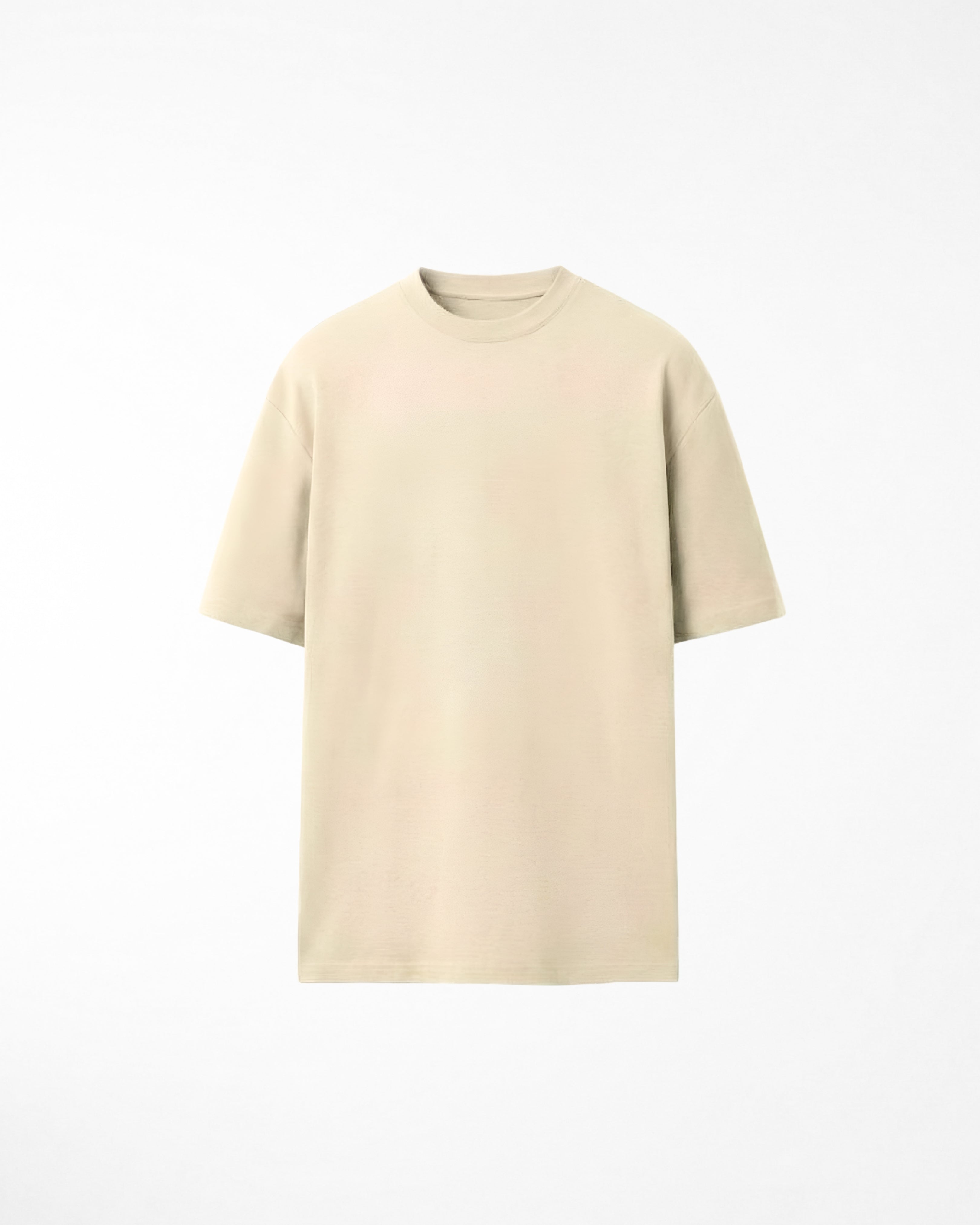 man wearing relaxed fit cream tshirt