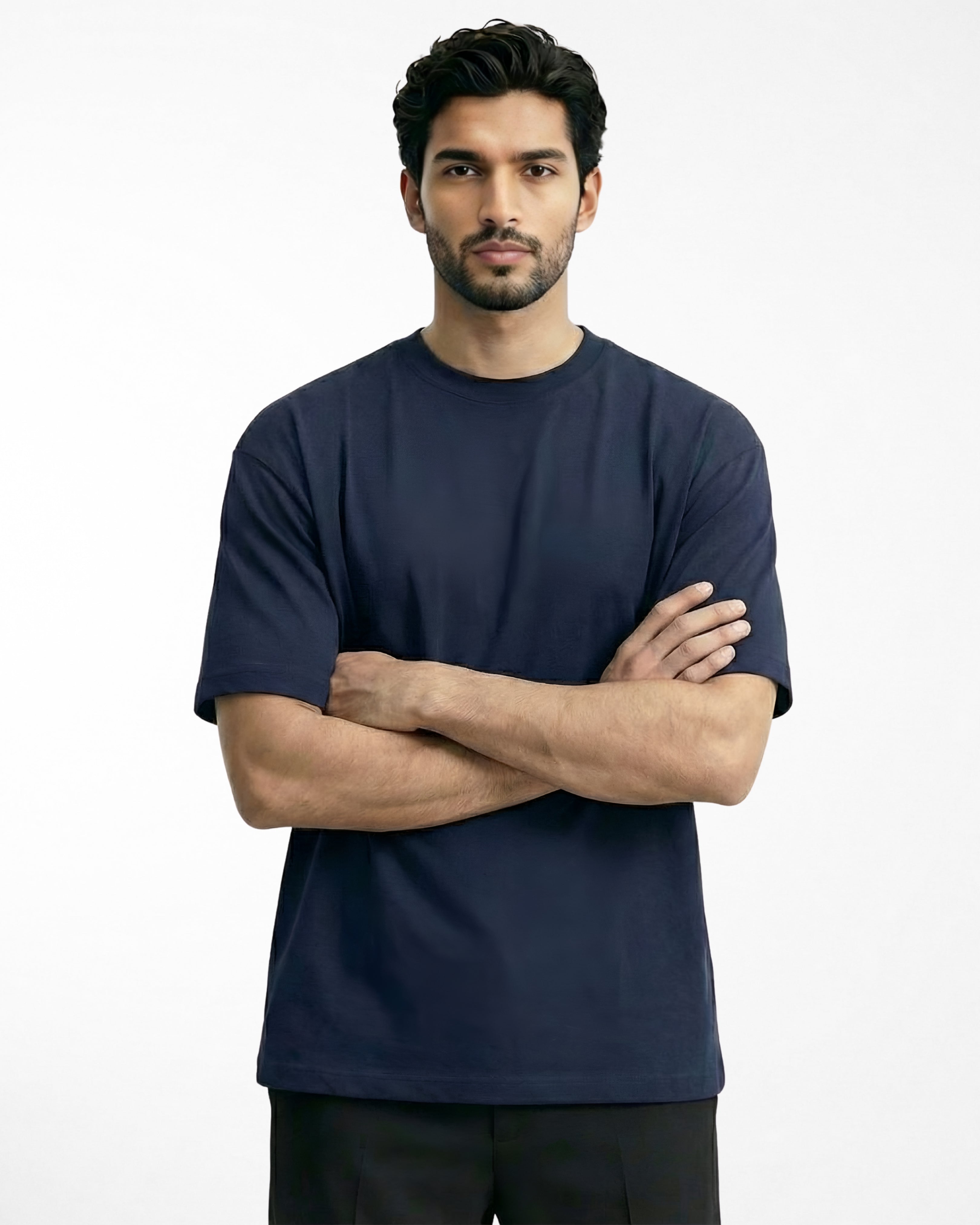 man wearing relaxed fit navy blue tshirt