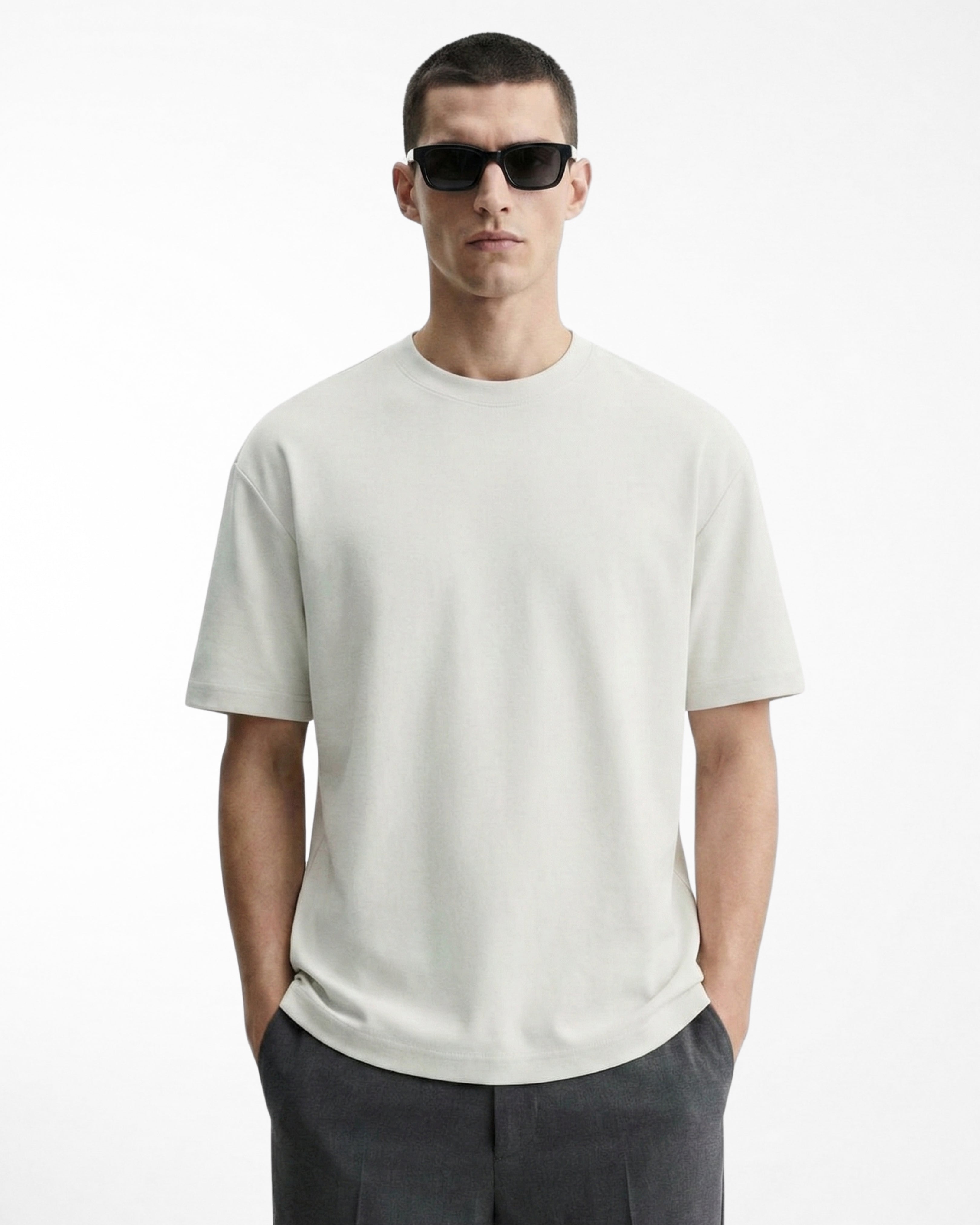 man wearing relaxed fit white tshirt