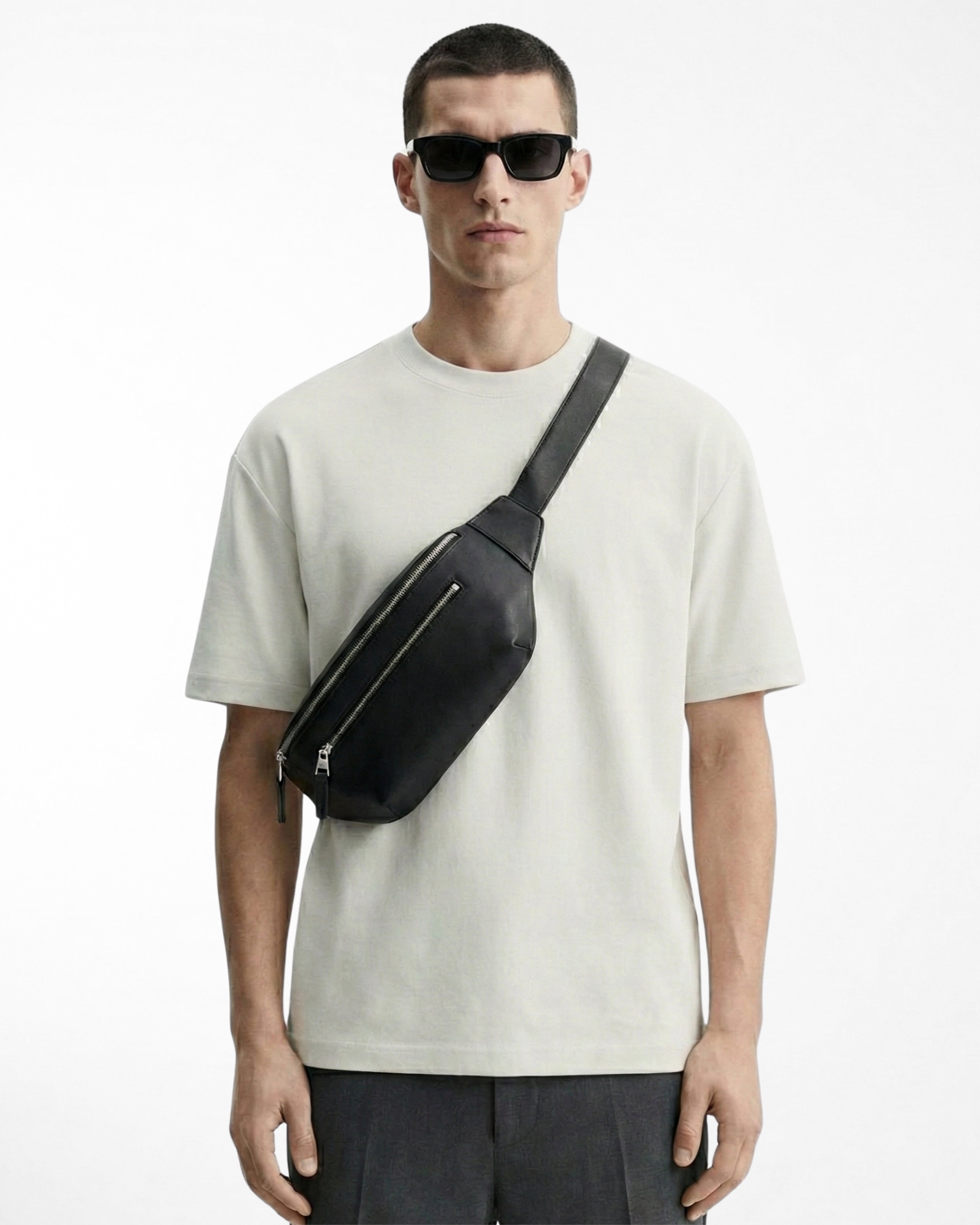 man wearing relaxed fit white tshirt