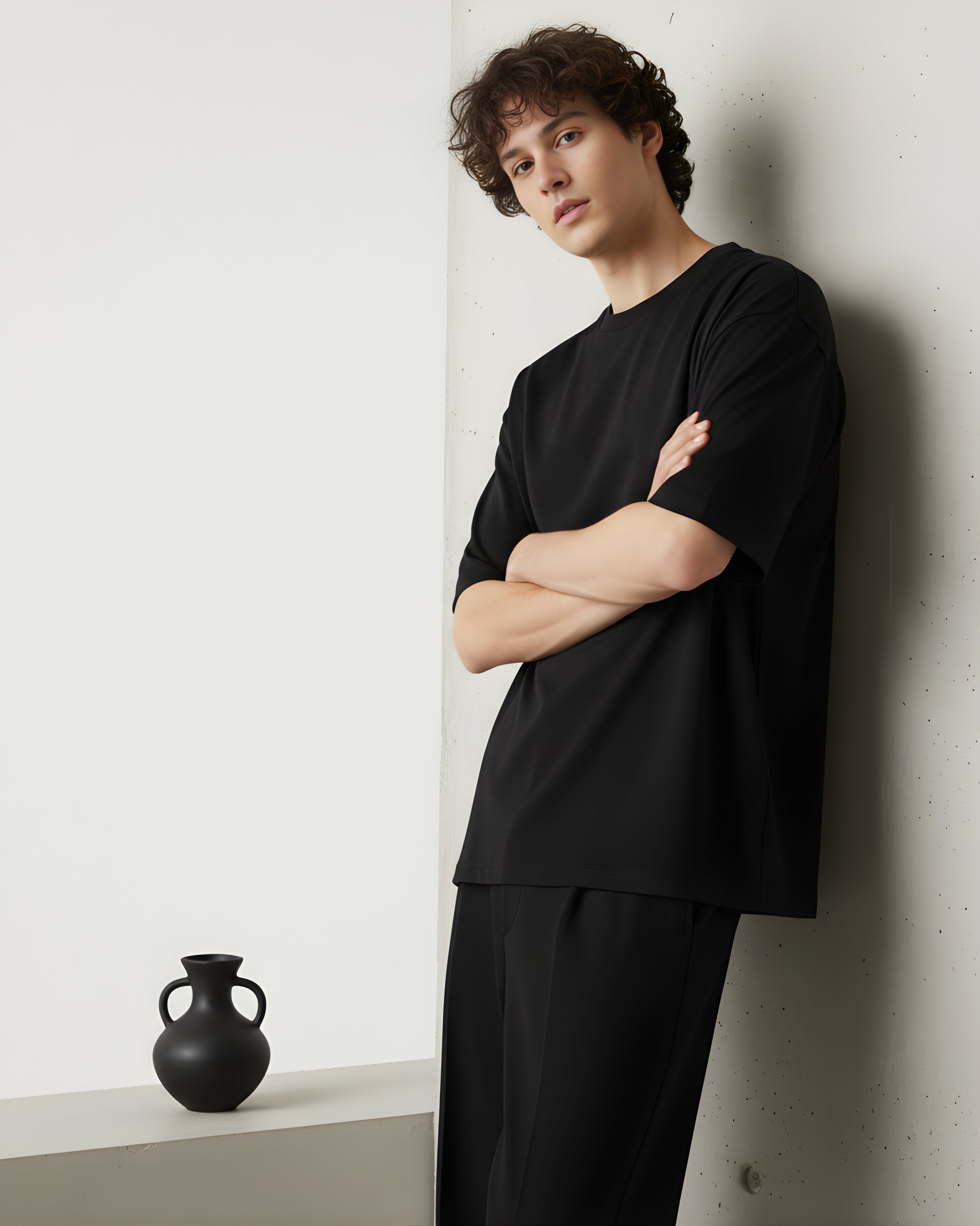 Person wearing a oversize tshirt against a plain background