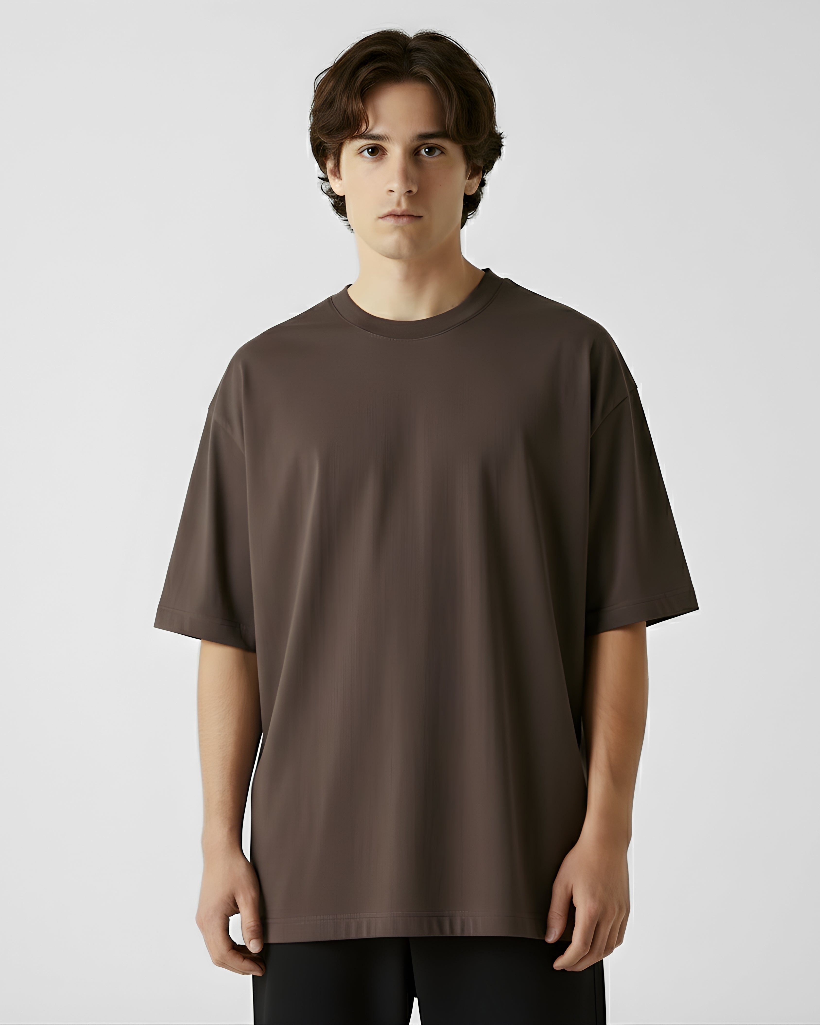 person wearing charcoal brown oversized tshirt