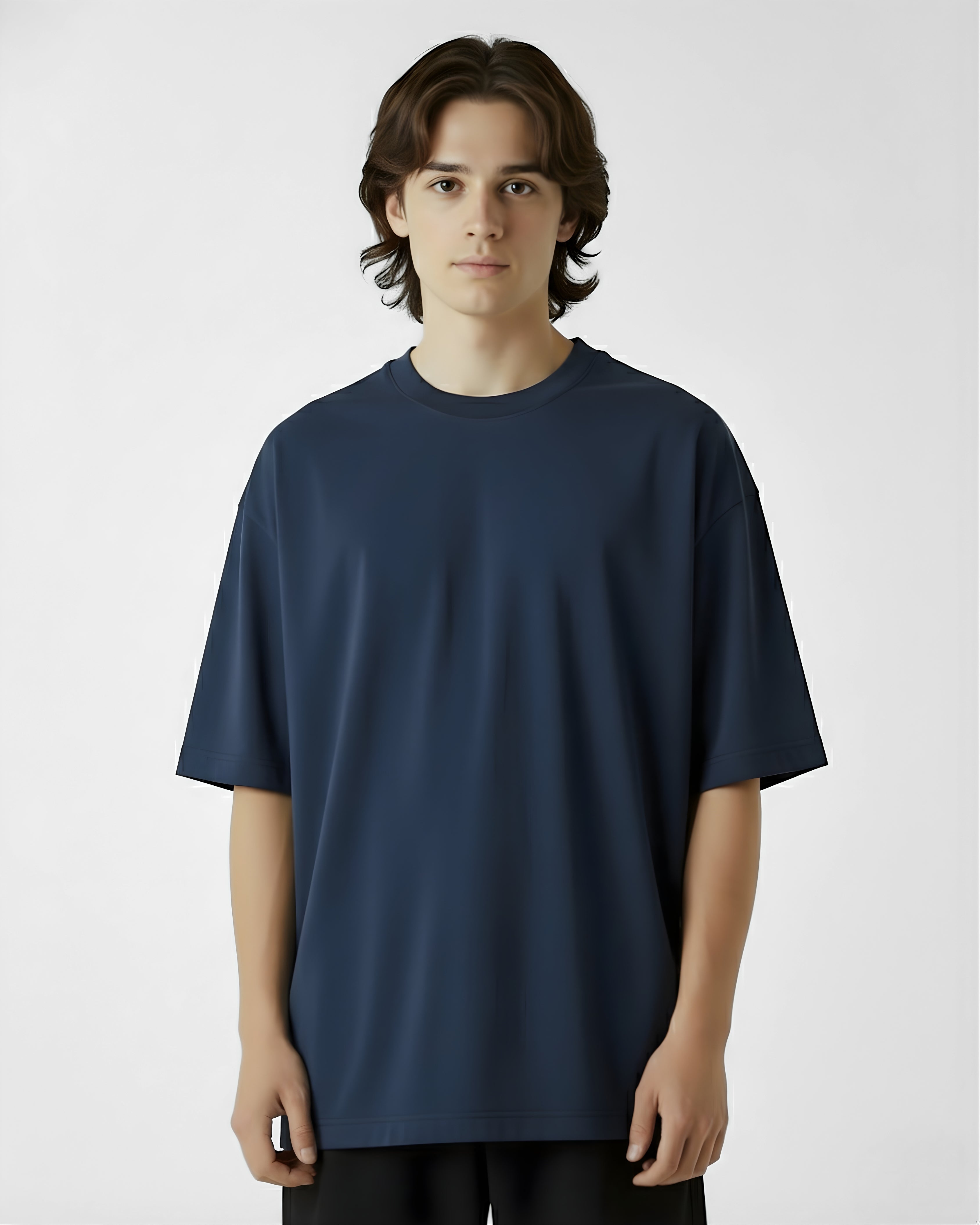 boy wearing navy blu oversize tshirt