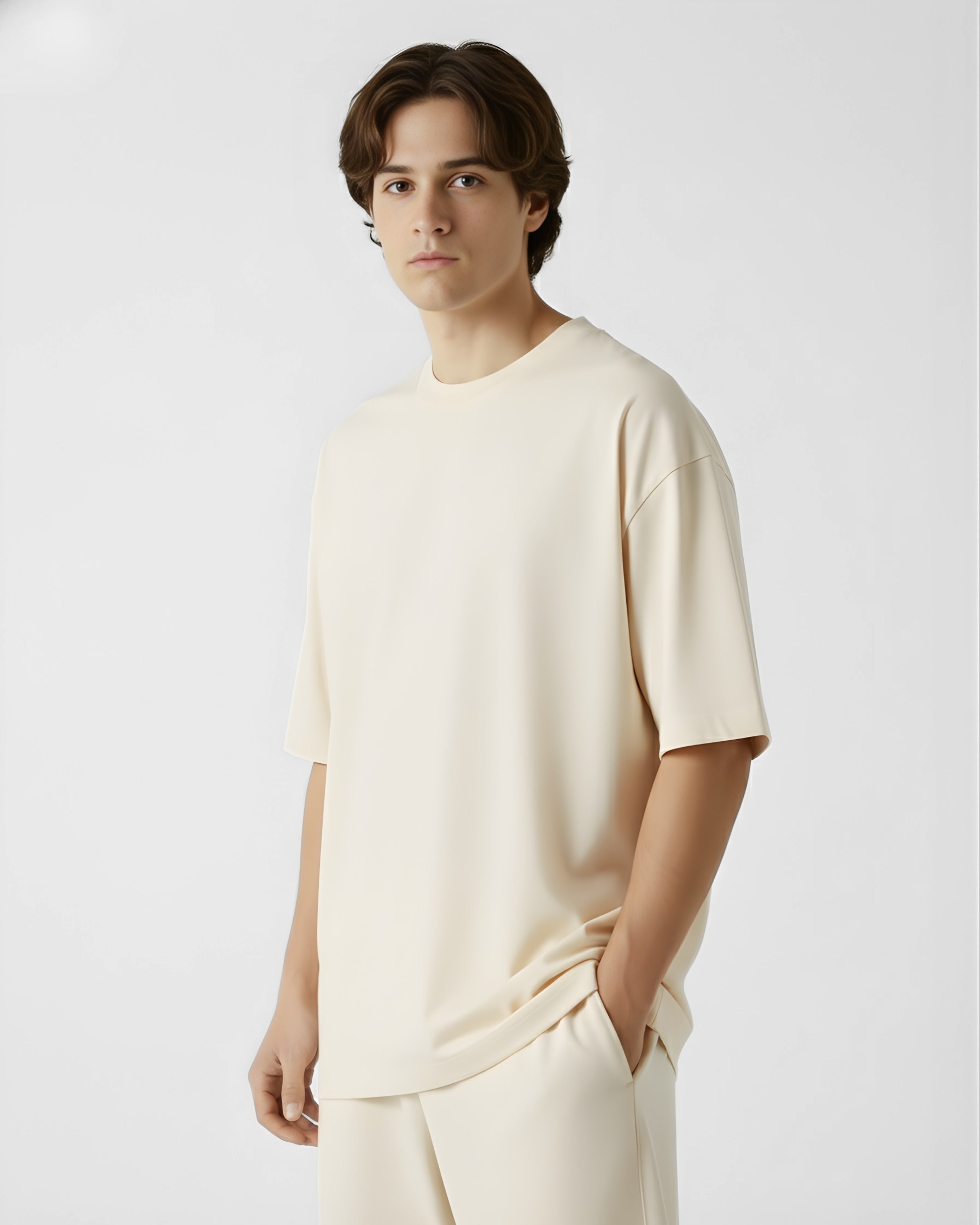 Person wearing a cream-colored oversize tshirt against a plain background