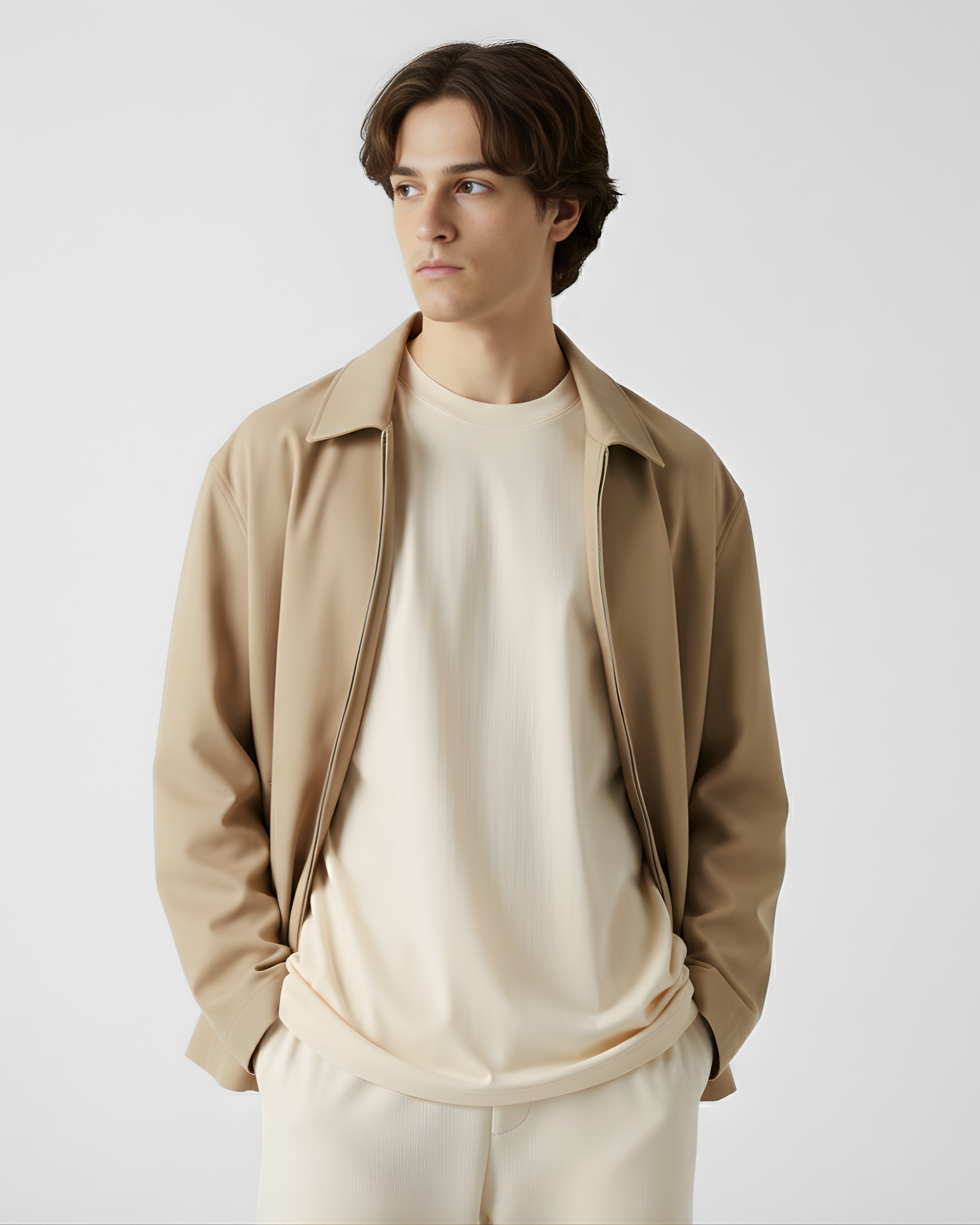 Man wearing a white oversize tshirt and beige jacket against a plain background