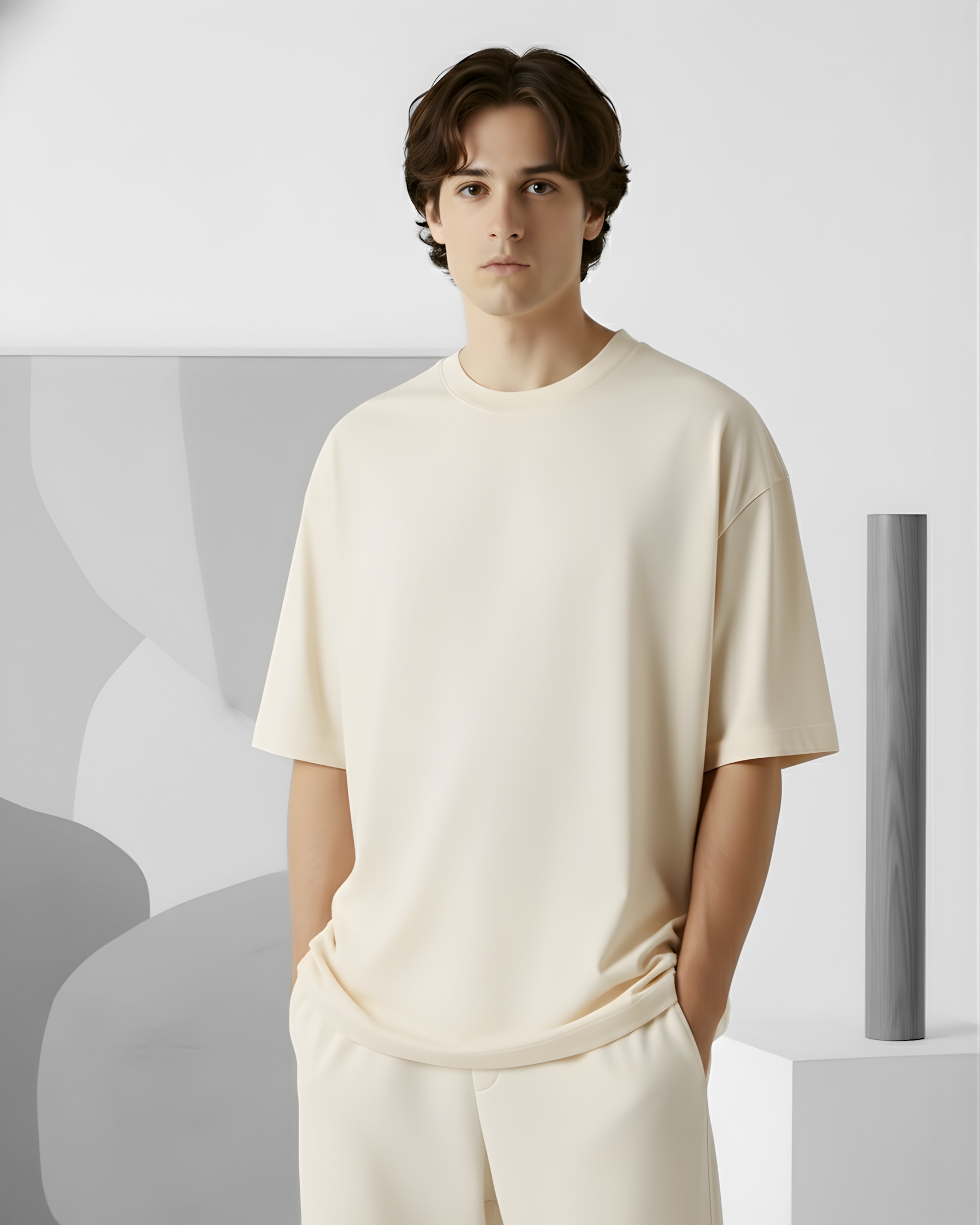Person wearing a cream oversize tshirt and cream pants on a plain background