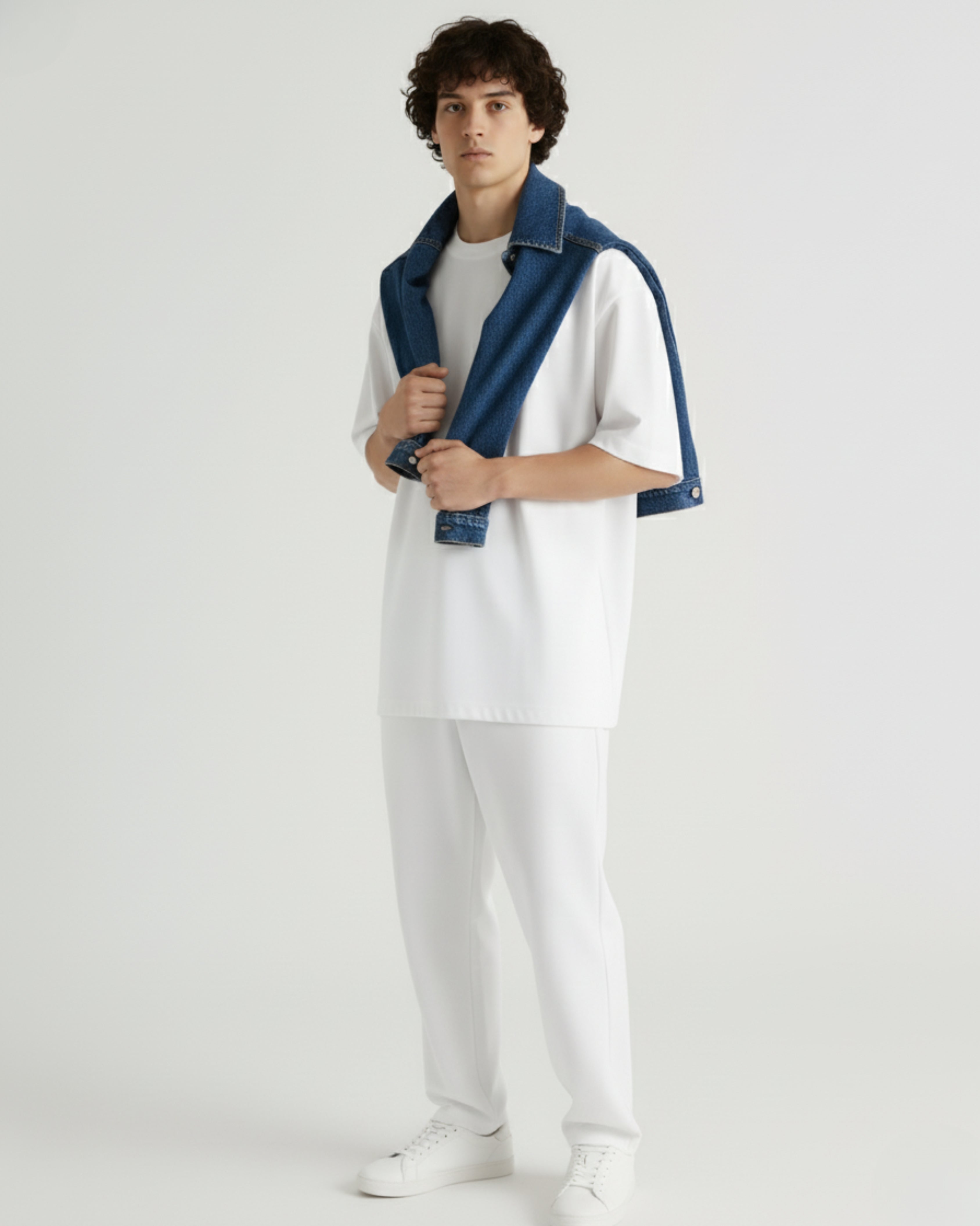 Person wearing a white oversize tshirt against a plain background