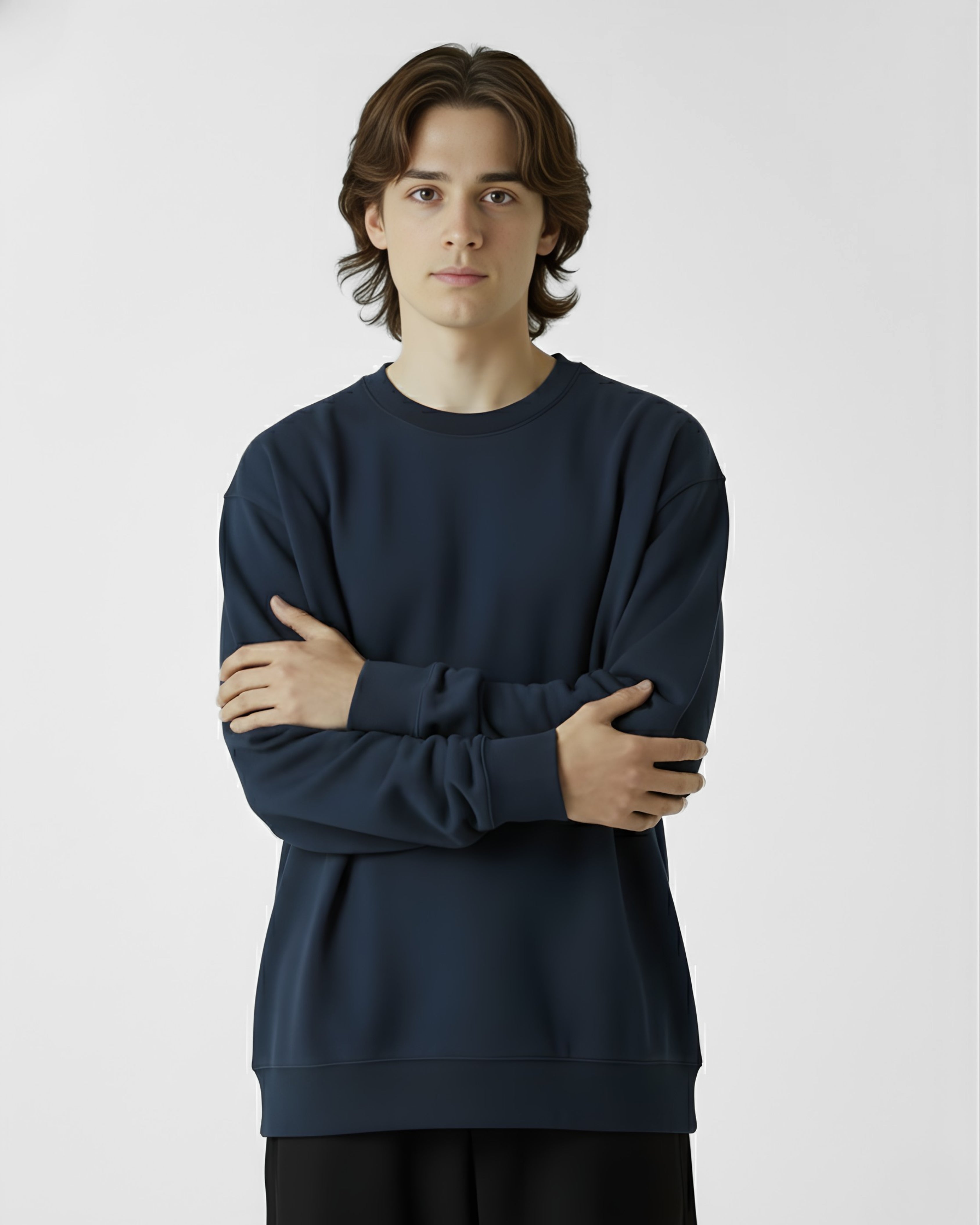 Person wearing a navy blue sweatshirt against a white background