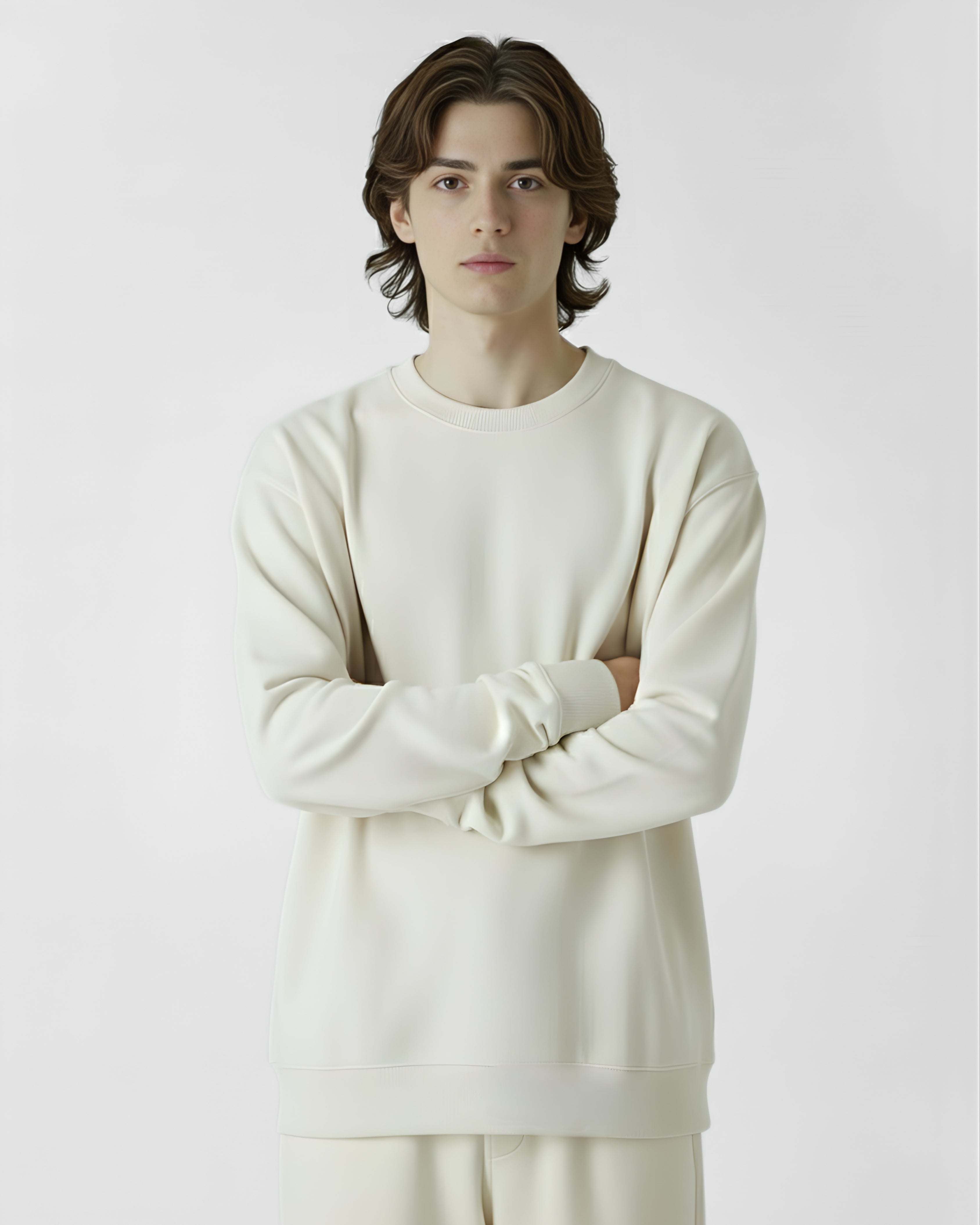Person wearing a white sweatshirt against a plain background